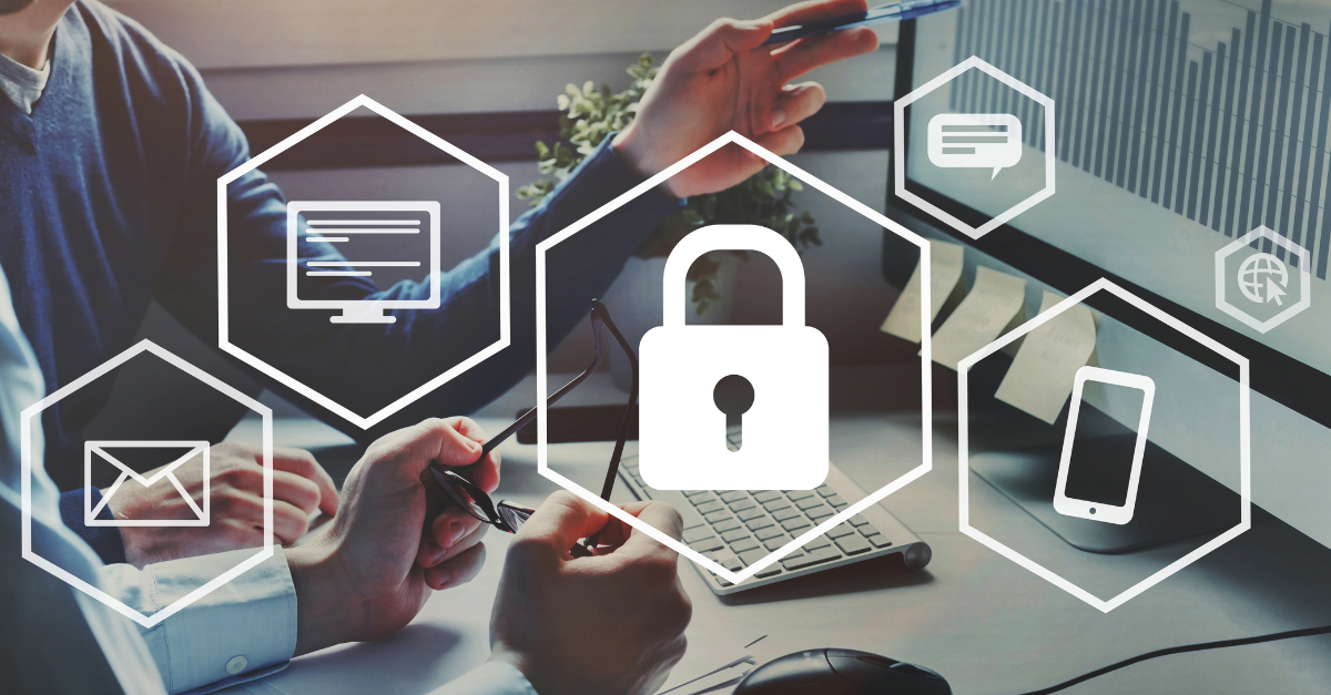 Healthcare cybersecurity concept showing professionals reviewing digital security measures with a lock icon representing protection of critical infrastructure.
