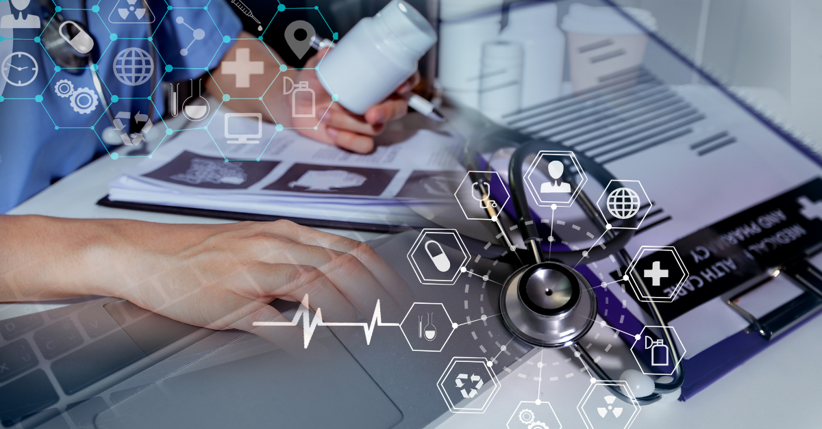 Digital representation of blockchain in healthcare showcasing interconnected icons like medical records, stethoscope, and healthcare symbols, illustrating technology integration in the medical field for secure and efficient data management.