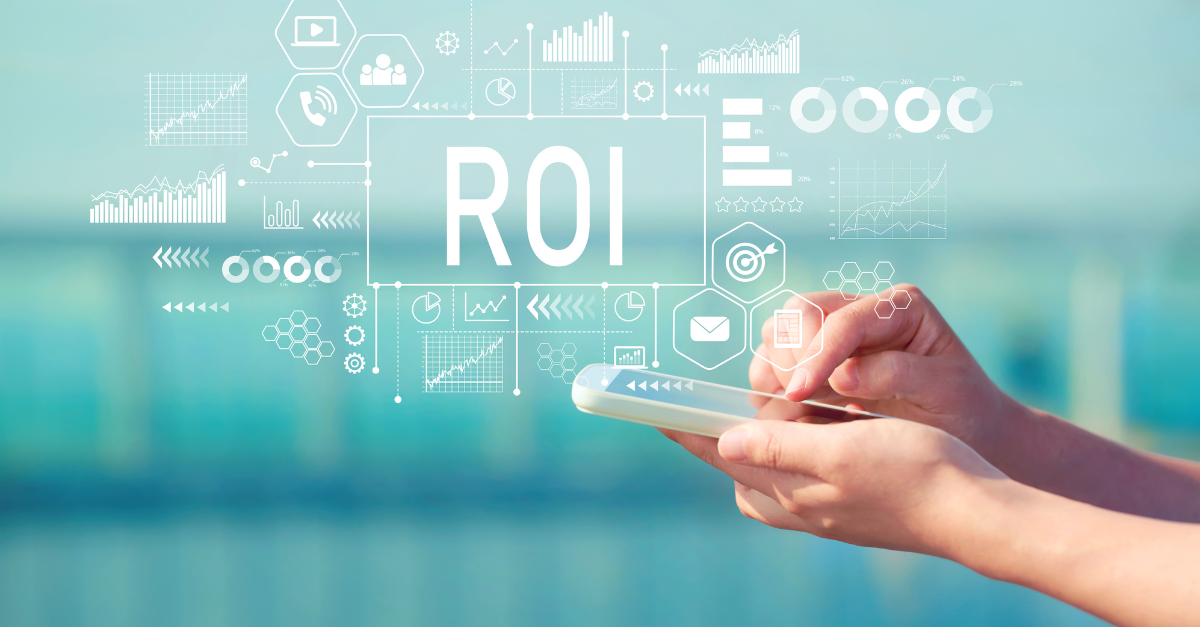Hands holding a smartphone with digital overlays representing ROI in healthcare, including various icons, charts, and data visualizations that signify analytics, cost efficiency, and financial performance. The image emphasizes the concept of return on investment in the healthcare sector through technology and data-driven insights.