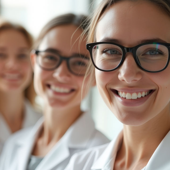 Improve-Operational-Efficiency-For-Optometrists-&-Ophthalmologists Smiling female optometrists wearing glasses and white lab coats in a clinical setting