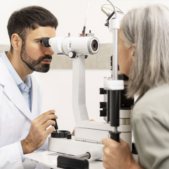 Improve-Patient-Experience-and-Retention-for-Eye-Clinics Male optometrist performing an eye exam on an older female patient using a slit lamp