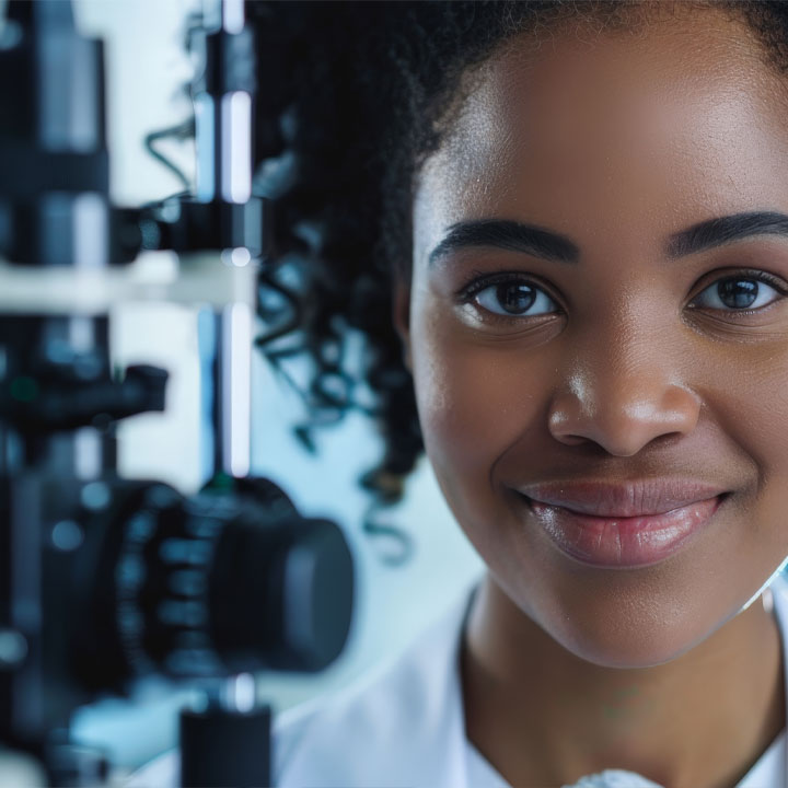 Improve-compliance-with-Cliniconex-for-your-Eye-Clinic Confident female eye care professional standing next to ophthalmic diagnostic equipment